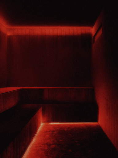 The red sauna, lit low