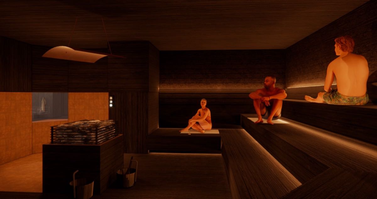 The dry sauna, tiered benches