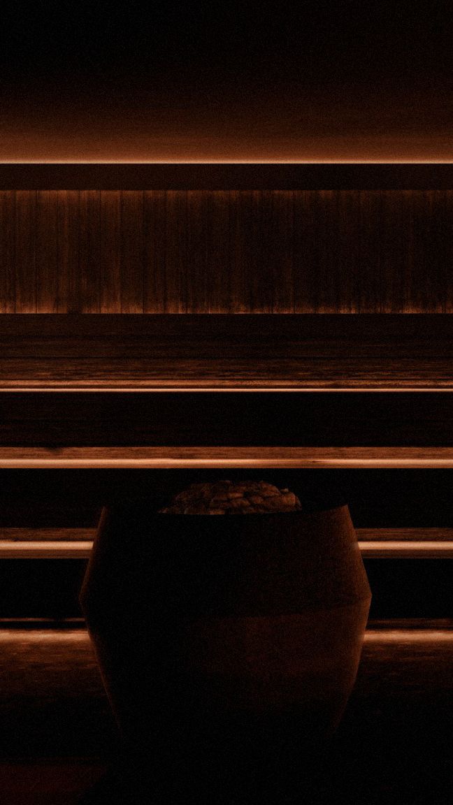 Sauna benches in dark glow