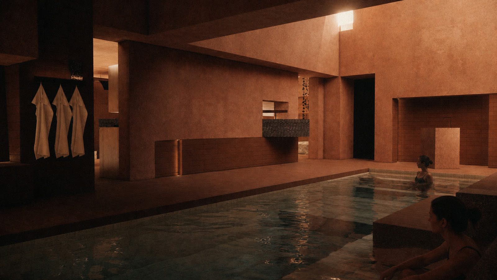 The mineral pool room in warm light