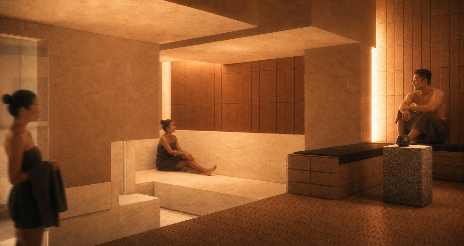 The heated marble room, warm and social